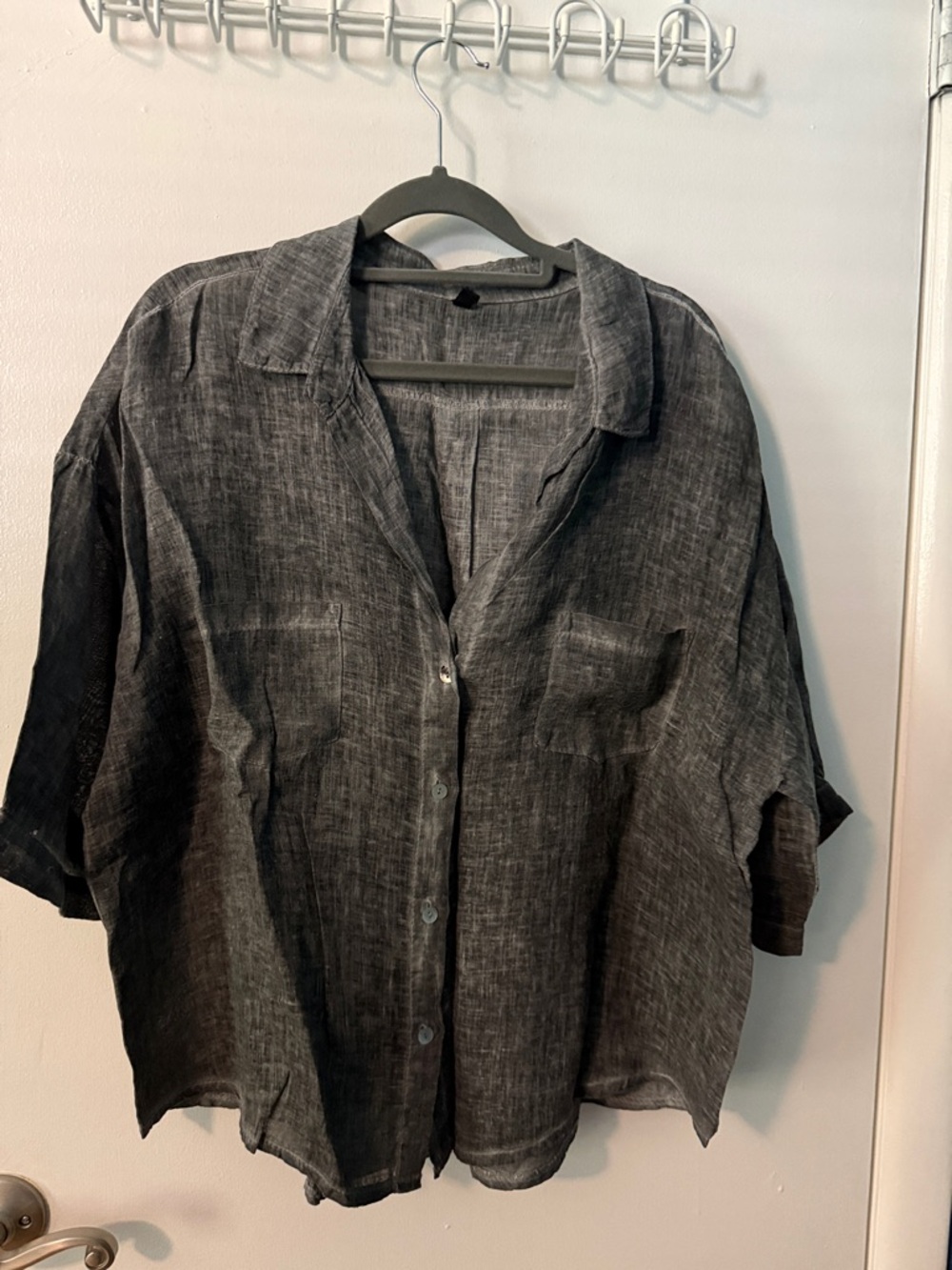 Women's Relaxed Button-Up Shirt in Charcoal Gray, Washable Linen